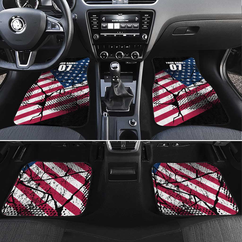Motocross Rider Car Mats with American Flag Grunge Pattern and Custom Name Number - Wonder Print Shop