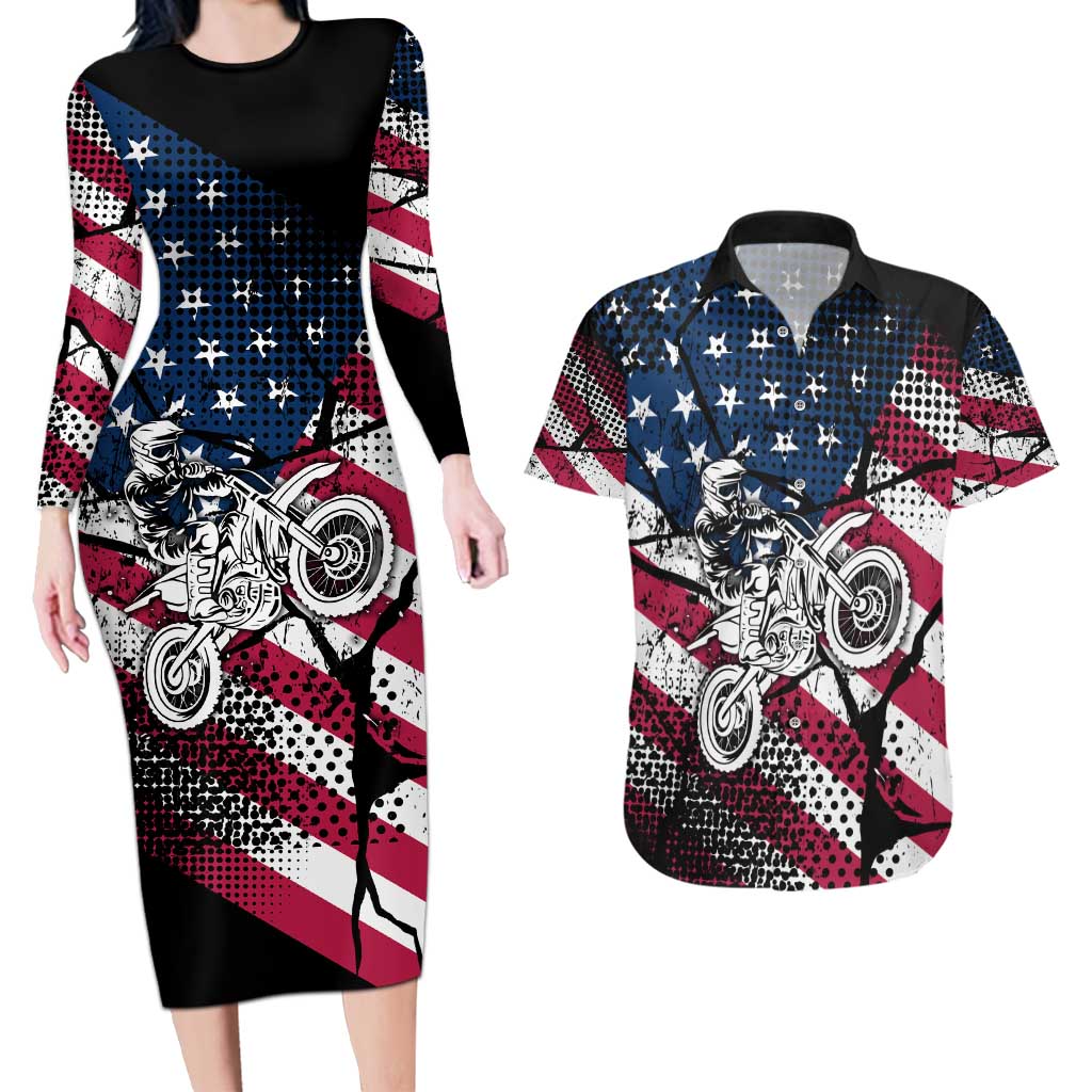 Motocross Rider Couples Matching Long Sleeve Bodycon Dress and Hawaiian Shirt with American Flag Grunge Pattern and Custom Name Number - Wonder Print Shop