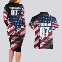 Motocross Rider Couples Matching Long Sleeve Bodycon Dress and Hawaiian Shirt with American Flag Grunge Pattern and Custom Name Number - Wonder Print Shop