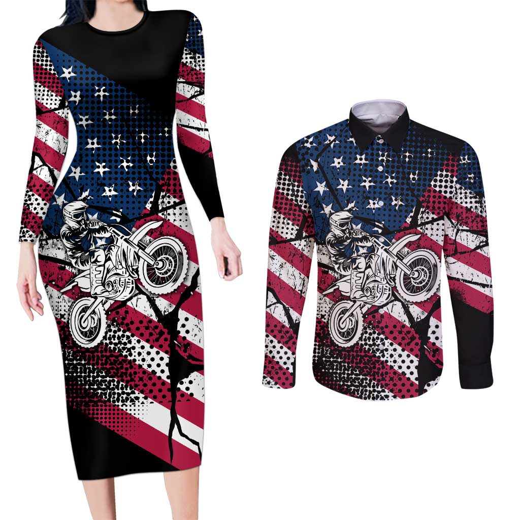 Motocross Rider Couples Matching Long Sleeve Bodycon Dress and Long Sleeve Button Shirt with American Flag Grunge Pattern and Custom Name Number - Wonder Print Shop
