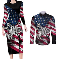 Motocross Rider Couples Matching Long Sleeve Bodycon Dress and Long Sleeve Button Shirt with American Flag Grunge Pattern and Custom Name Number - Wonder Print Shop