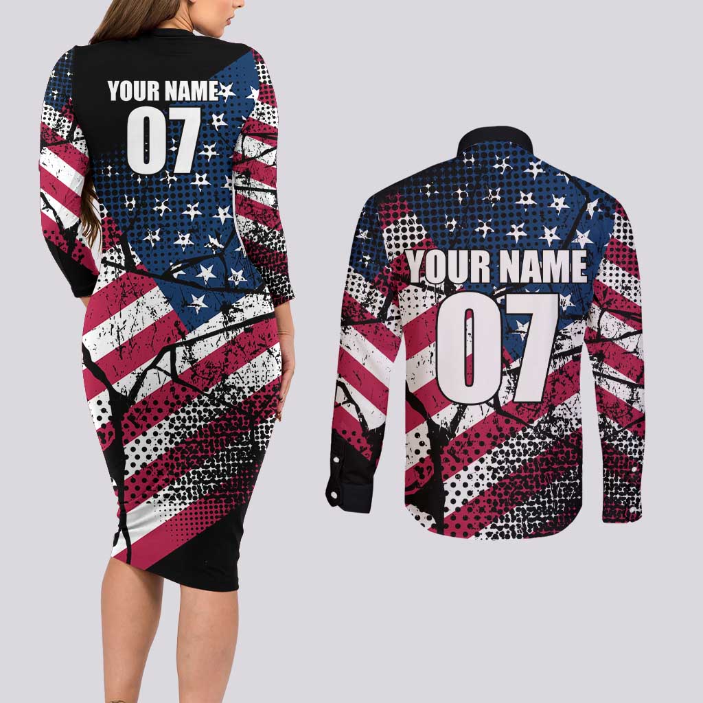 Motocross Rider Couples Matching Long Sleeve Bodycon Dress and Long Sleeve Button Shirt with American Flag Grunge Pattern and Custom Name Number - Wonder Print Shop