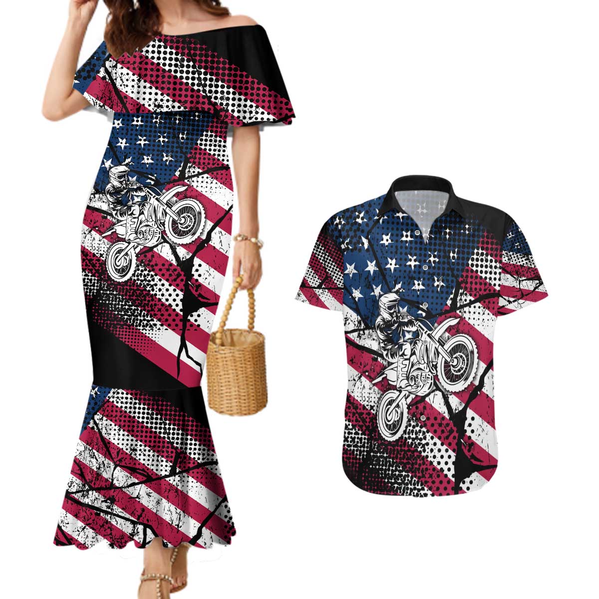 Motocross Rider Couples Matching Mermaid Dress and Hawaiian Shirt with American Flag Grunge Pattern and Custom Name Number - Wonder Print Shop