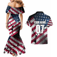 Motocross Rider Couples Matching Mermaid Dress and Hawaiian Shirt with American Flag Grunge Pattern and Custom Name Number - Wonder Print Shop