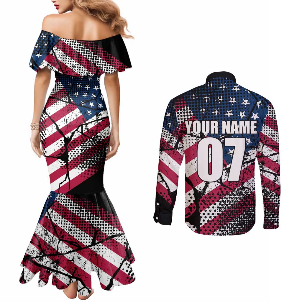 Motocross Rider Couples Matching Mermaid Dress and Long Sleeve Button Shirt with American Flag Grunge Pattern and Custom Name Number - Wonder Print Shop