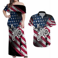 Motocross Rider Couples Matching Off Shoulder Maxi Dress and Hawaiian Shirt with American Flag Grunge Pattern and Custom Name Number - Wonder Print Shop