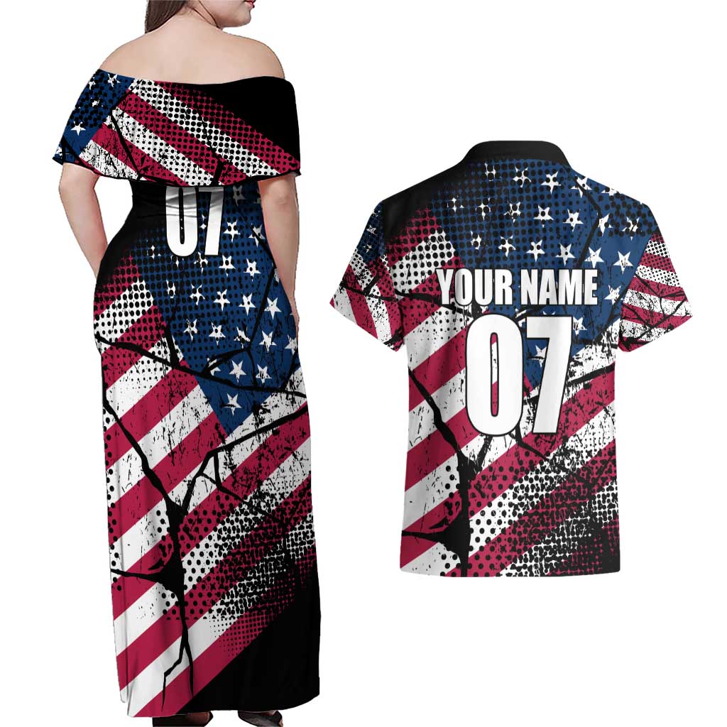 Motocross Rider Couples Matching Off Shoulder Maxi Dress and Hawaiian Shirt with American Flag Grunge Pattern and Custom Name Number - Wonder Print Shop