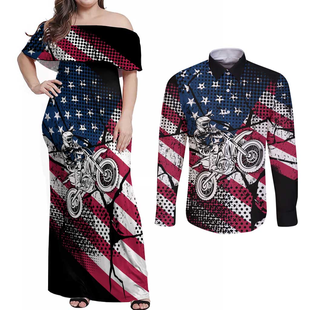 Motocross Rider Couples Matching Off Shoulder Maxi Dress and Long Sleeve Button Shirt with American Flag Grunge Pattern and Custom Name Number - Wonder Print Shop