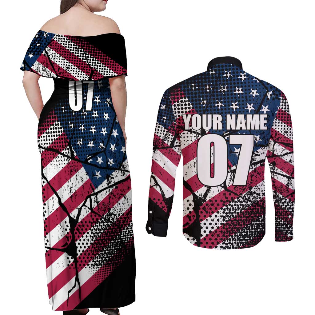 Motocross Rider Couples Matching Off Shoulder Maxi Dress and Long Sleeve Button Shirt with American Flag Grunge Pattern and Custom Name Number - Wonder Print Shop