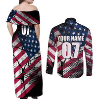 Motocross Rider Couples Matching Off Shoulder Maxi Dress and Long Sleeve Button Shirt with American Flag Grunge Pattern and Custom Name Number - Wonder Print Shop
