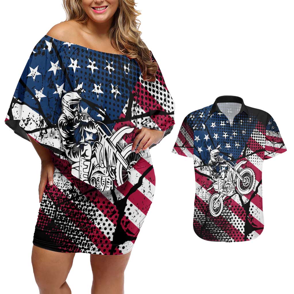 Motocross Rider Couples Matching Off Shoulder Short Dress and Hawaiian Shirt with American Flag Grunge Pattern and Custom Name Number - Wonder Print Shop