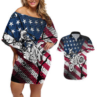 Motocross Rider Couples Matching Off Shoulder Short Dress and Hawaiian Shirt with American Flag Grunge Pattern and Custom Name Number - Wonder Print Shop