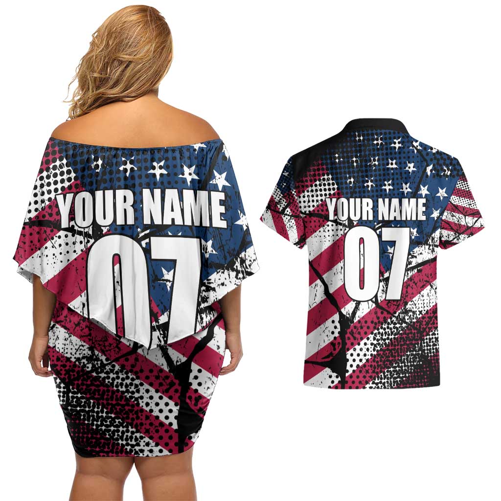 Motocross Rider Couples Matching Off Shoulder Short Dress and Hawaiian Shirt with American Flag Grunge Pattern and Custom Name Number - Wonder Print Shop