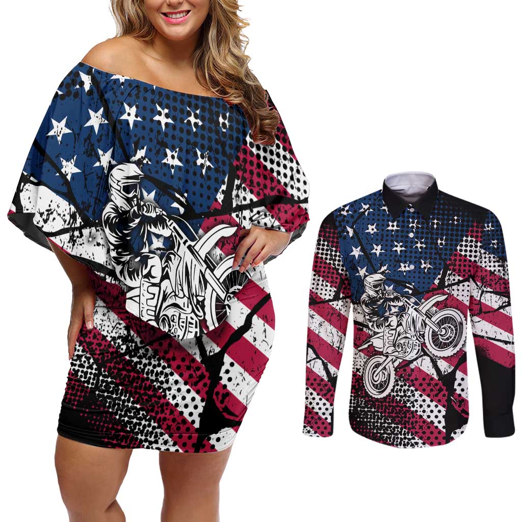 Motocross Rider Couples Matching Off Shoulder Short Dress and Long Sleeve Button Shirt with American Flag Grunge Pattern and Custom Name Number - Wonder Print Shop