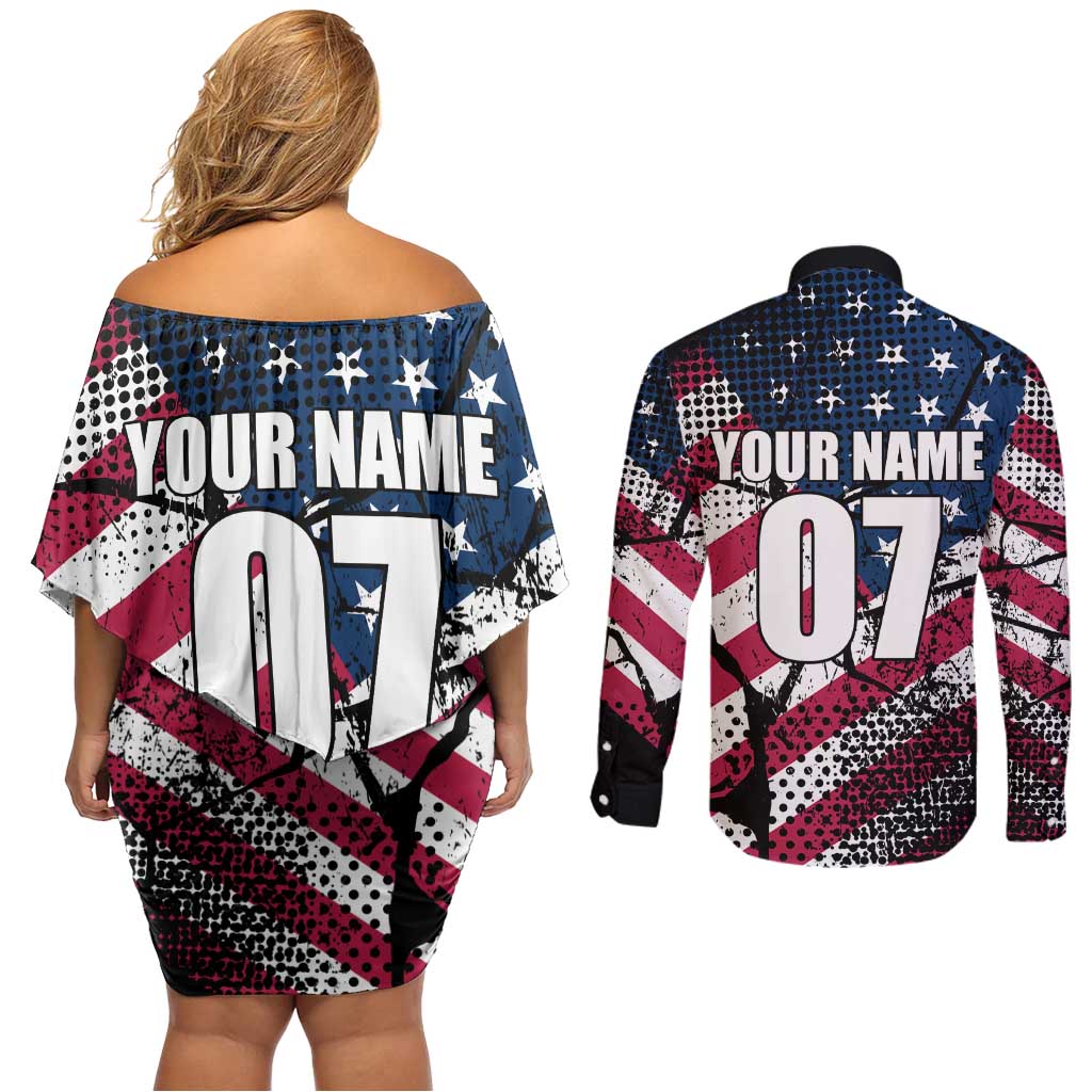 Motocross Rider Couples Matching Off Shoulder Short Dress and Long Sleeve Button Shirt with American Flag Grunge Pattern and Custom Name Number - Wonder Print Shop