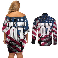 Motocross Rider Couples Matching Off Shoulder Short Dress and Long Sleeve Button Shirt with American Flag Grunge Pattern and Custom Name Number - Wonder Print Shop