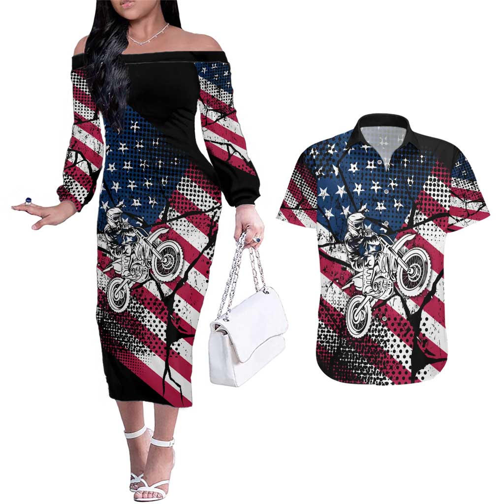 Motocross Rider Couples Matching Off The Shoulder Long Sleeve Dress and Hawaiian Shirt with American Flag Grunge Pattern and Custom Name Number - Wonder Print Shop