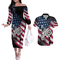 Motocross Rider Couples Matching Off The Shoulder Long Sleeve Dress and Hawaiian Shirt with American Flag Grunge Pattern and Custom Name Number - Wonder Print Shop