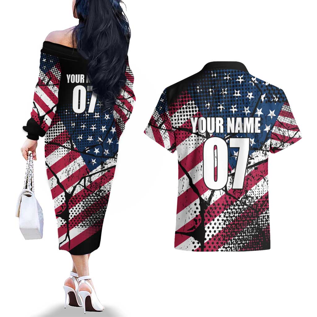 Motocross Rider Couples Matching Off The Shoulder Long Sleeve Dress and Hawaiian Shirt with American Flag Grunge Pattern and Custom Name Number - Wonder Print Shop