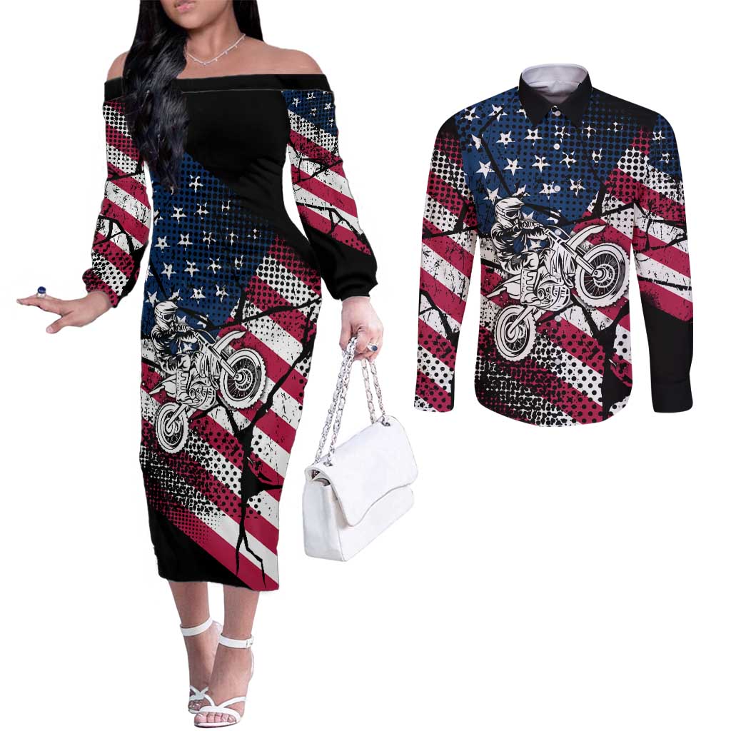 Motocross Rider Couples Matching Off The Shoulder Long Sleeve Dress and Long Sleeve Button Shirt with American Flag Grunge Pattern and Custom Name Number - Wonder Print Shop