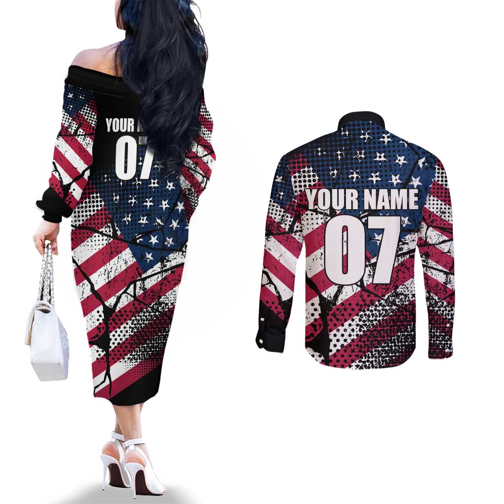 Motocross Rider Couples Matching Off The Shoulder Long Sleeve Dress and Long Sleeve Button Shirt with American Flag Grunge Pattern and Custom Name Number - Wonder Print Shop