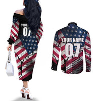 Motocross Rider Couples Matching Off The Shoulder Long Sleeve Dress and Long Sleeve Button Shirt with American Flag Grunge Pattern and Custom Name Number - Wonder Print Shop