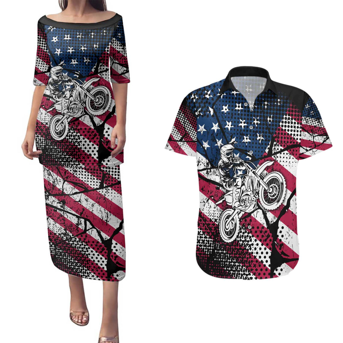 Motocross Rider Couples Matching Puletasi and Hawaiian Shirt with American Flag Grunge Pattern and Custom Name Number - Wonder Print Shop