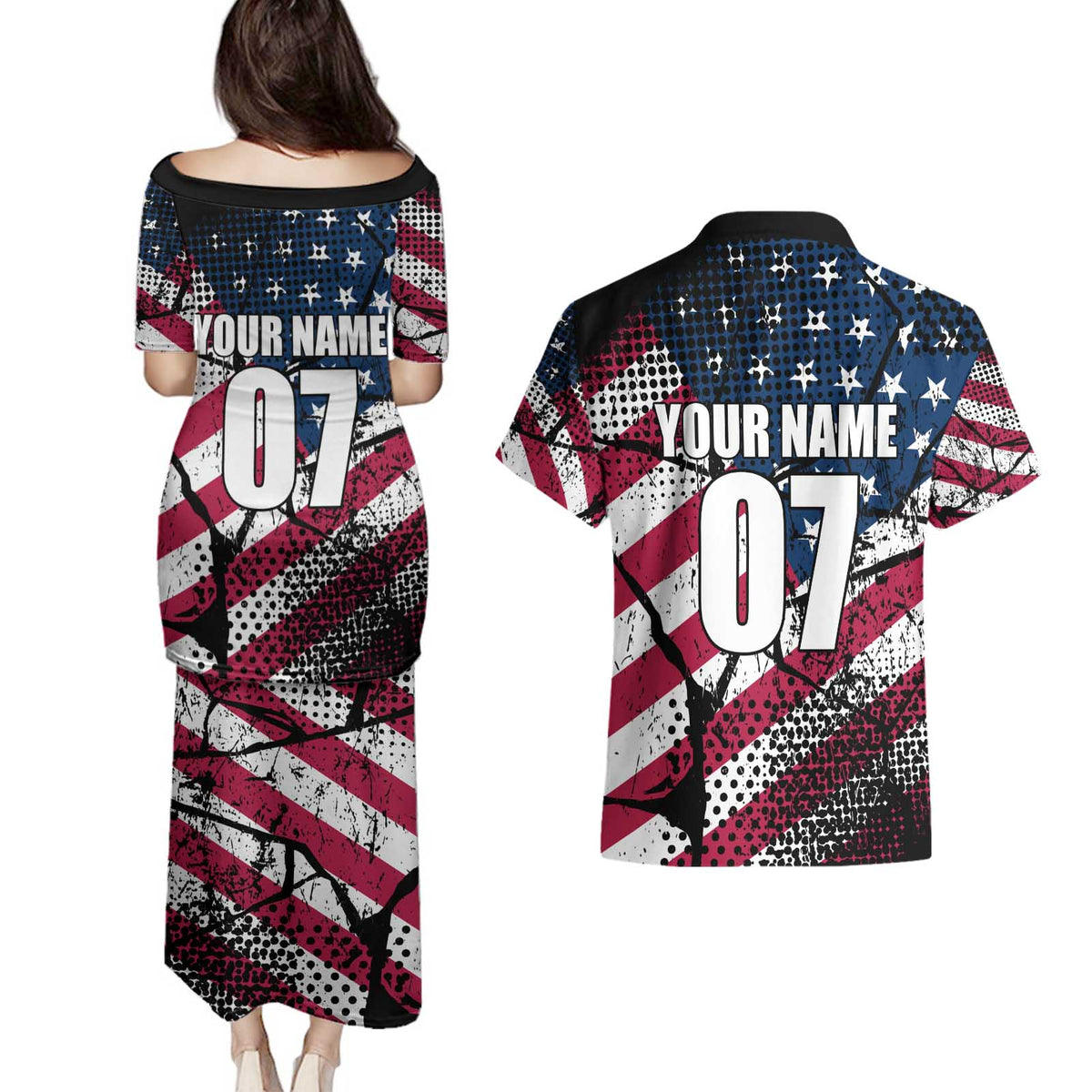 Motocross Rider Couples Matching Puletasi and Hawaiian Shirt with American Flag Grunge Pattern and Custom Name Number - Wonder Print Shop