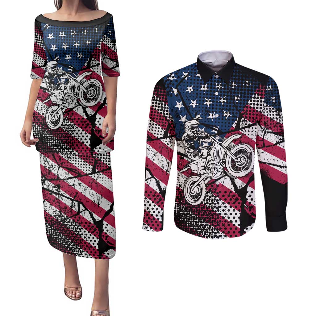 Motocross Rider Couples Matching Puletasi and Long Sleeve Button Shirt with American Flag Grunge Pattern and Custom Name Number - Wonder Print Shop