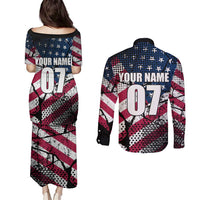 Motocross Rider Couples Matching Puletasi and Long Sleeve Button Shirt with American Flag Grunge Pattern and Custom Name Number - Wonder Print Shop