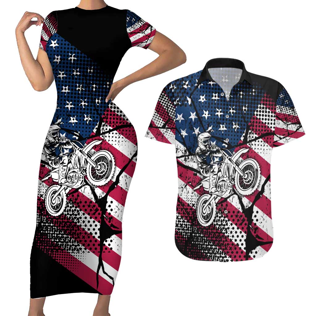 Motocross Rider Couples Matching Short Sleeve Bodycon Dress and Hawaiian Shirt with American Flag Grunge Pattern and Custom Name Number - Wonder Print Shop