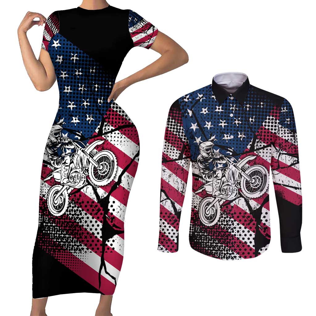 Motocross Rider Couples Matching Short Sleeve Bodycon Dress and Long Sleeve Button Shirt with American Flag Grunge Pattern and Custom Name Number - Wonder Print Shop