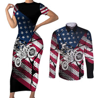 Motocross Rider Couples Matching Short Sleeve Bodycon Dress and Long Sleeve Button Shirt with American Flag Grunge Pattern and Custom Name Number - Wonder Print Shop