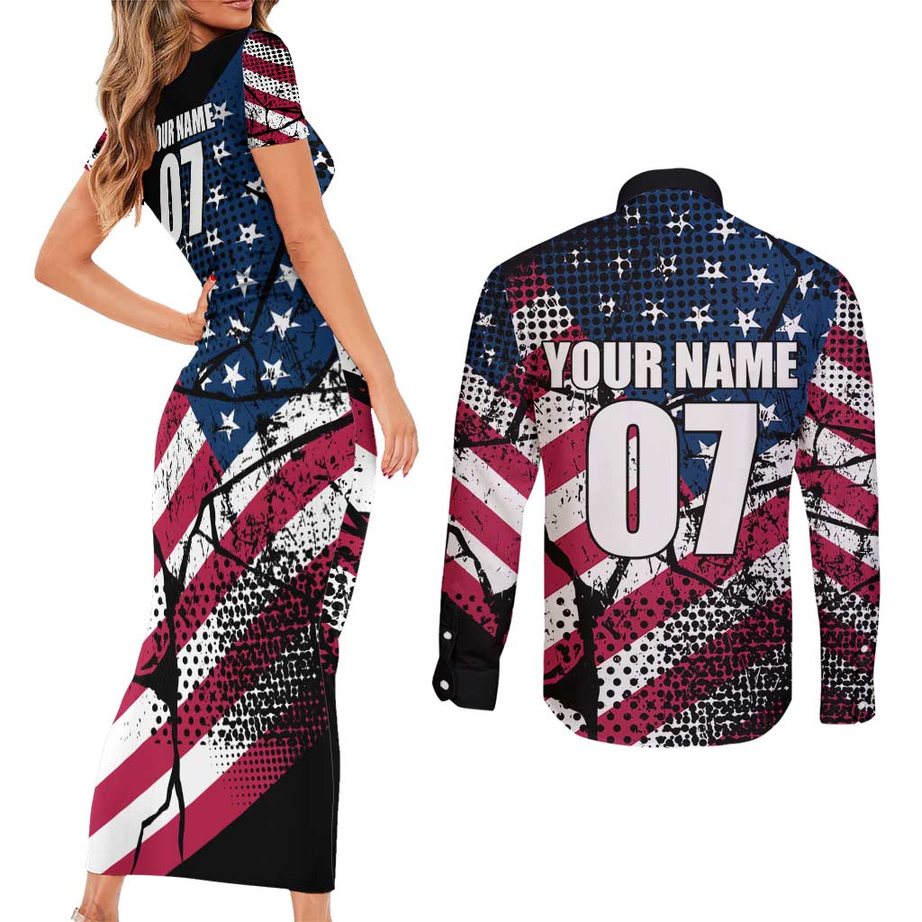 Motocross Rider Couples Matching Short Sleeve Bodycon Dress and Long Sleeve Button Shirt with American Flag Grunge Pattern and Custom Name Number - Wonder Print Shop