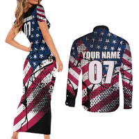 Motocross Rider Couples Matching Short Sleeve Bodycon Dress and Long Sleeve Button Shirt with American Flag Grunge Pattern and Custom Name Number - Wonder Print Shop