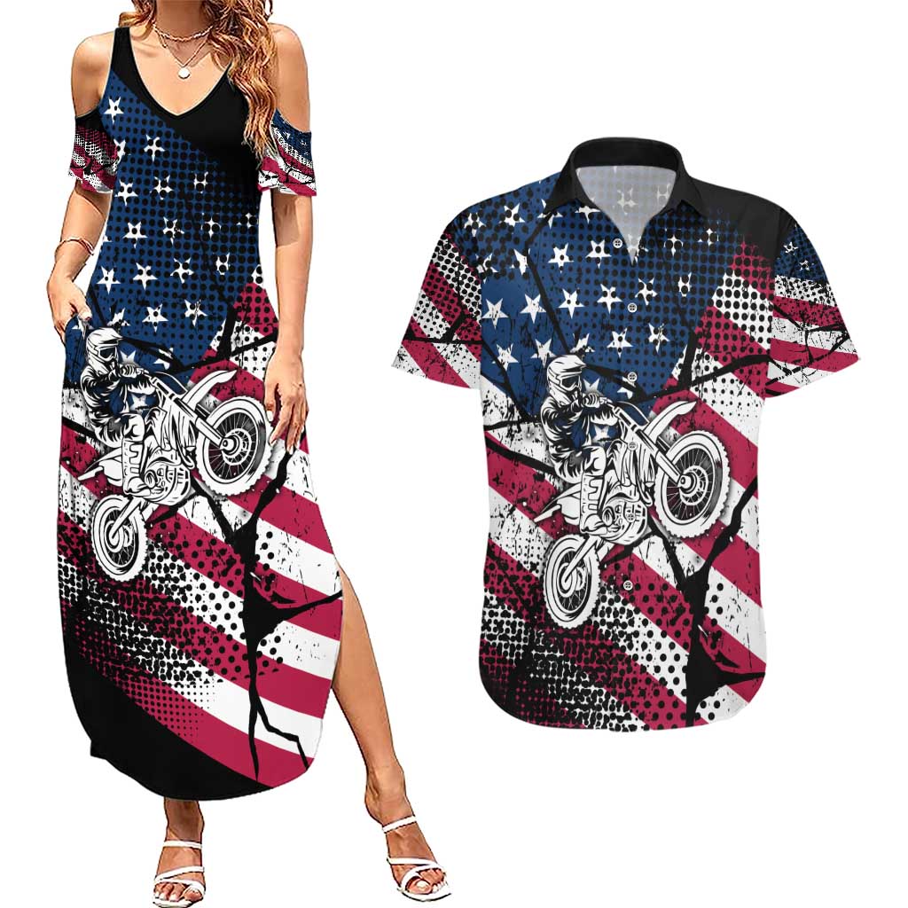 Motocross Rider Couples Matching Summer Maxi Dress and Hawaiian Shirt with American Flag Grunge Pattern and Custom Name Number - Wonder Print Shop