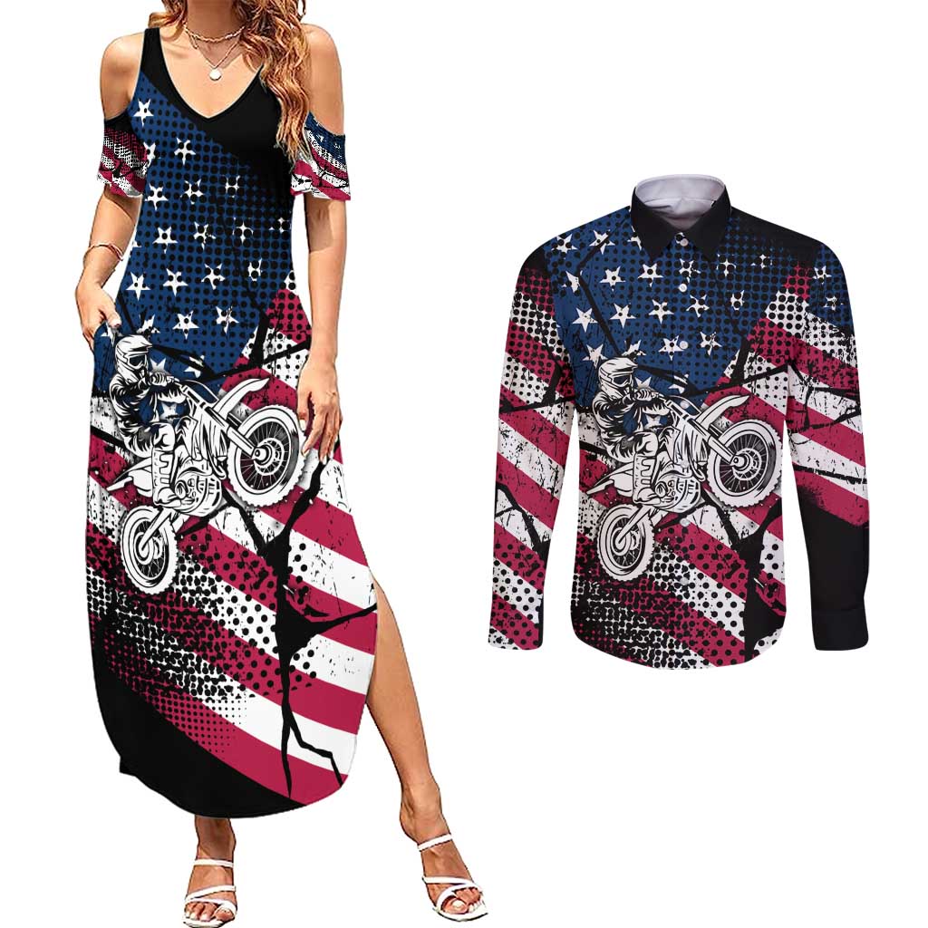 Motocross Rider Couples Matching Summer Maxi Dress and Long Sleeve Button Shirt with American Flag Grunge Pattern and Custom Name Number - Wonder Print Shop