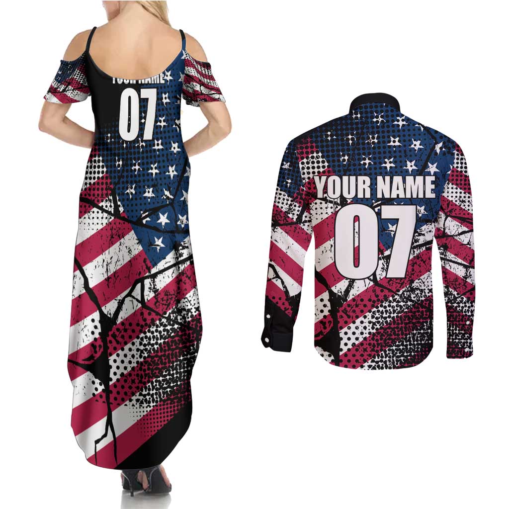 Motocross Rider Couples Matching Summer Maxi Dress and Long Sleeve Button Shirt with American Flag Grunge Pattern and Custom Name Number - Wonder Print Shop