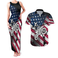 Motocross Rider Couples Matching Tank Maxi Dress and Hawaiian Shirt with American Flag Grunge Pattern and Custom Name Number - Wonder Print Shop