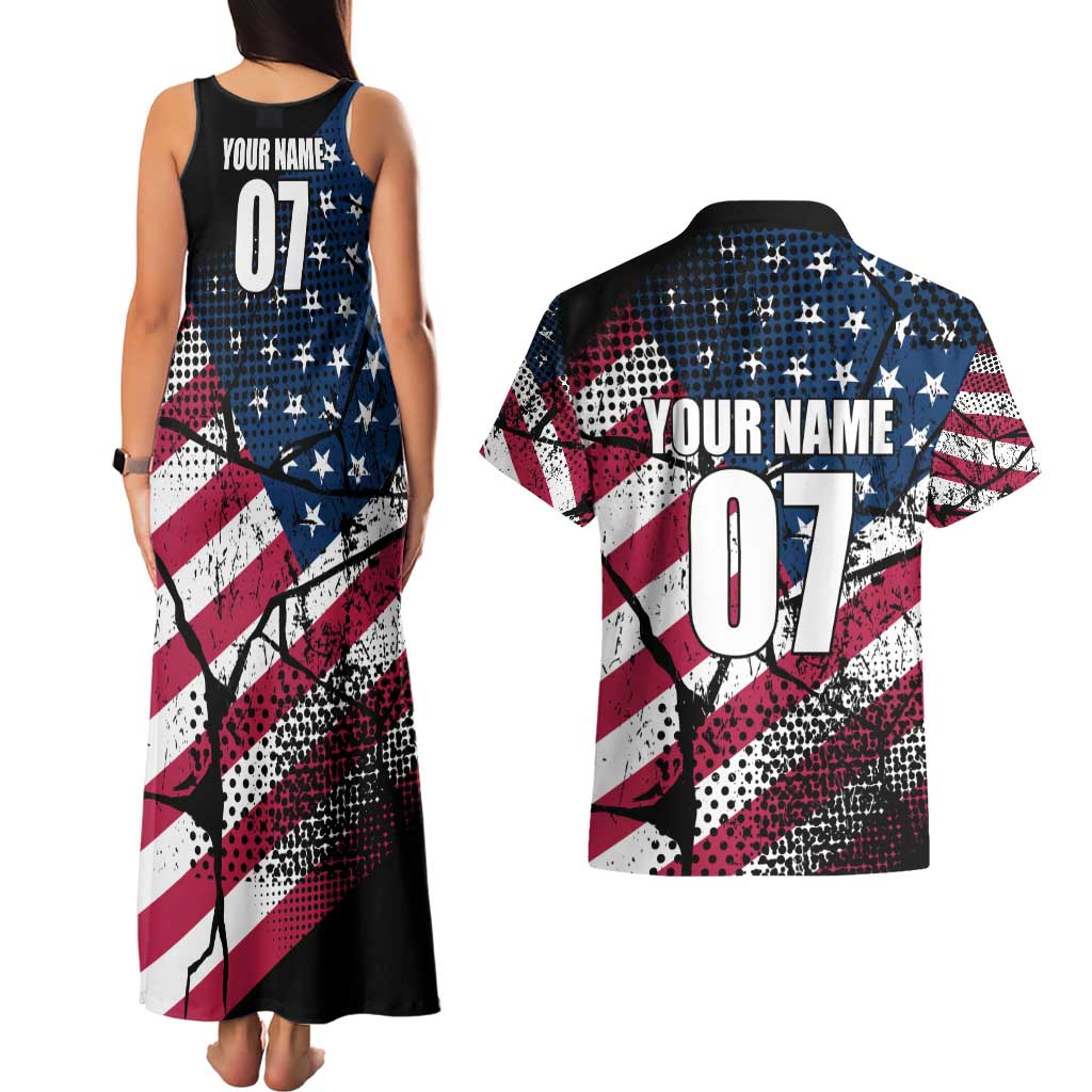Motocross Rider Couples Matching Tank Maxi Dress and Hawaiian Shirt with American Flag Grunge Pattern and Custom Name Number - Wonder Print Shop