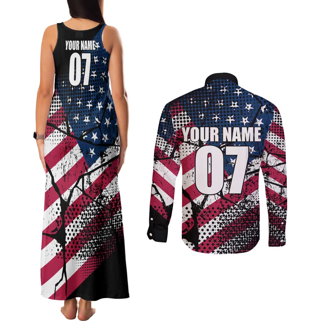 Motocross Rider Couples Matching Tank Maxi Dress and Long Sleeve Button Shirt with American Flag Grunge Pattern and Custom Name Number - Wonder Print Shop