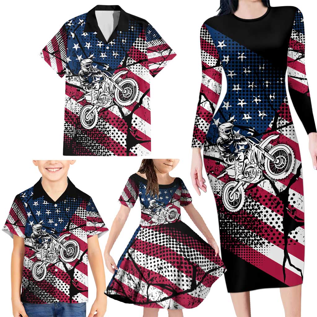 Motocross Rider Family Matching Long Sleeve Bodycon Dress and Hawaiian Shirt with American Flag Grunge Pattern and Custom Name Number - Wonder Print Shop