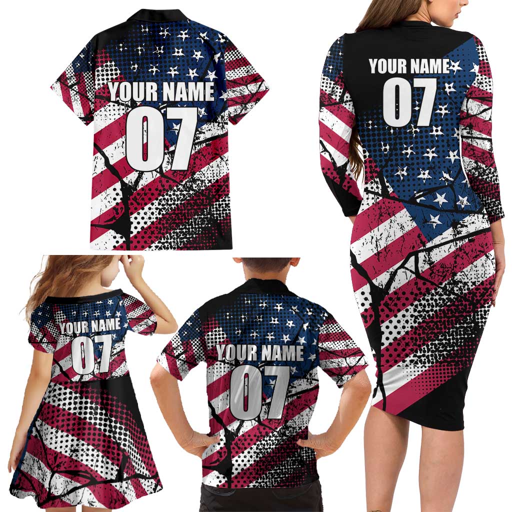 Motocross Rider Family Matching Long Sleeve Bodycon Dress and Hawaiian Shirt with American Flag Grunge Pattern and Custom Name Number - Wonder Print Shop