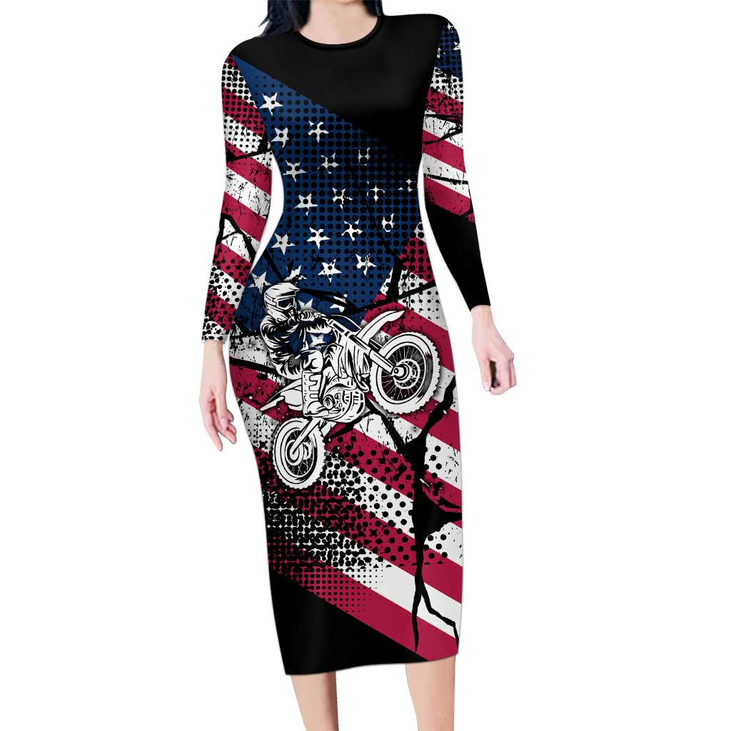 Motocross Rider Family Matching Long Sleeve Bodycon Dress and Hawaiian Shirt with American Flag Grunge Pattern and Custom Name Number - Wonder Print Shop
