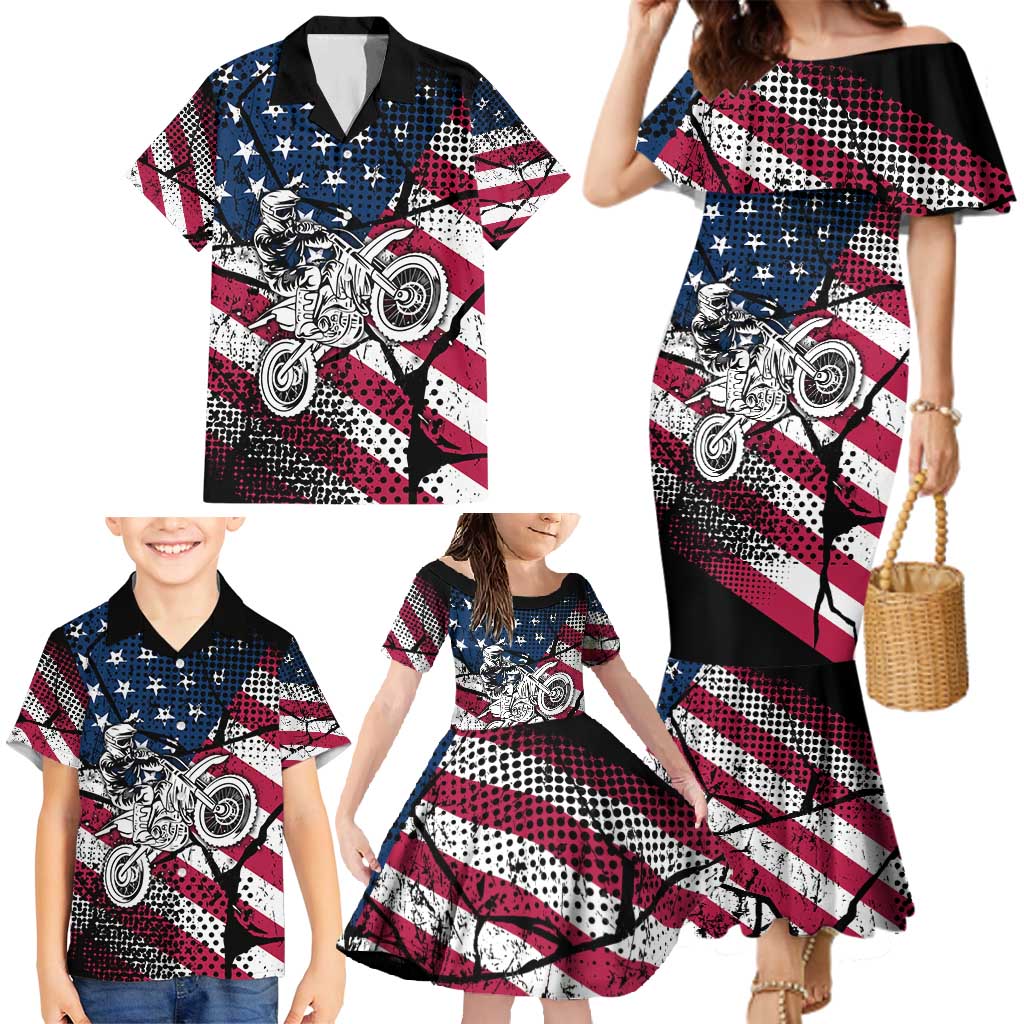 Motocross Rider Family Matching Mermaid Dress and Hawaiian Shirt with American Flag Grunge Pattern and Custom Name Number - Wonder Print Shop