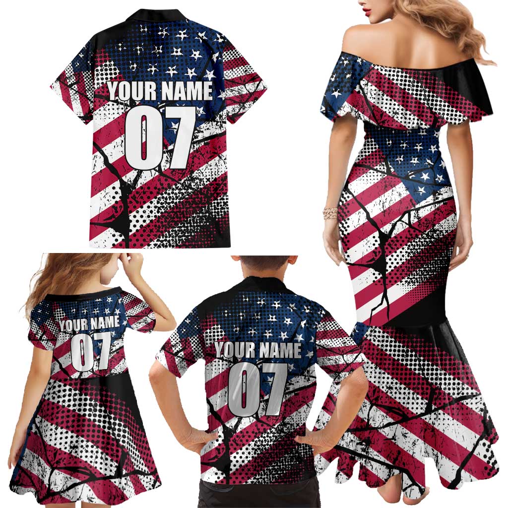 Motocross Rider Family Matching Mermaid Dress and Hawaiian Shirt with American Flag Grunge Pattern and Custom Name Number - Wonder Print Shop
