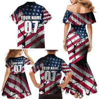 Motocross Rider Family Matching Mermaid Dress and Hawaiian Shirt with American Flag Grunge Pattern and Custom Name Number - Wonder Print Shop