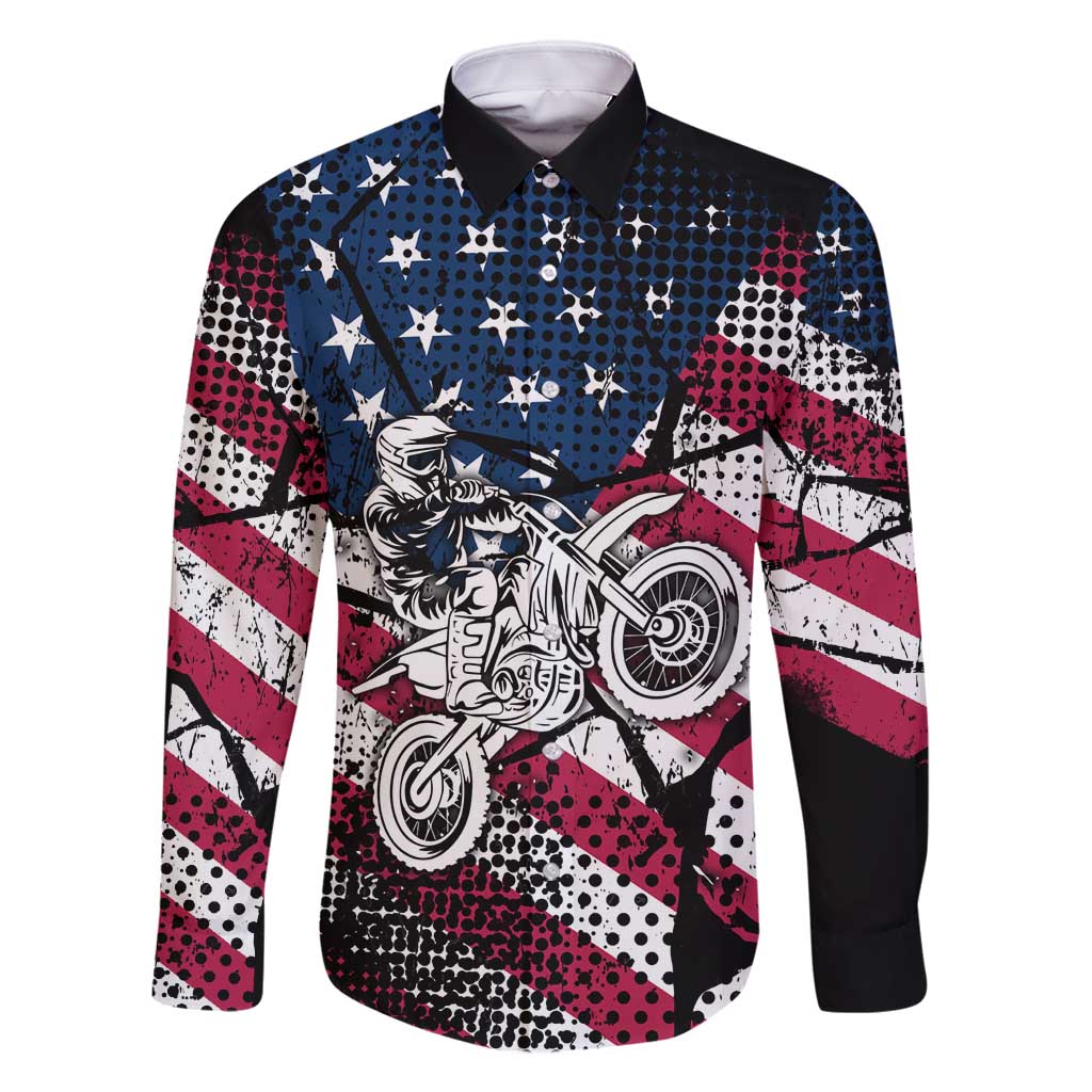 Motocross Rider Family Matching Mermaid Dress and Hawaiian Shirt with American Flag Grunge Pattern and Custom Name Number - Wonder Print Shop