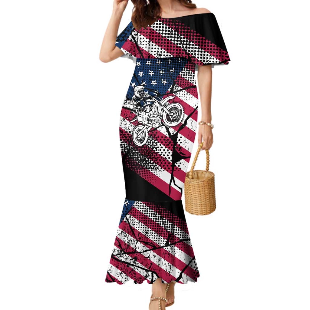 Motocross Rider Family Matching Mermaid Dress and Hawaiian Shirt with American Flag Grunge Pattern and Custom Name Number - Wonder Print Shop