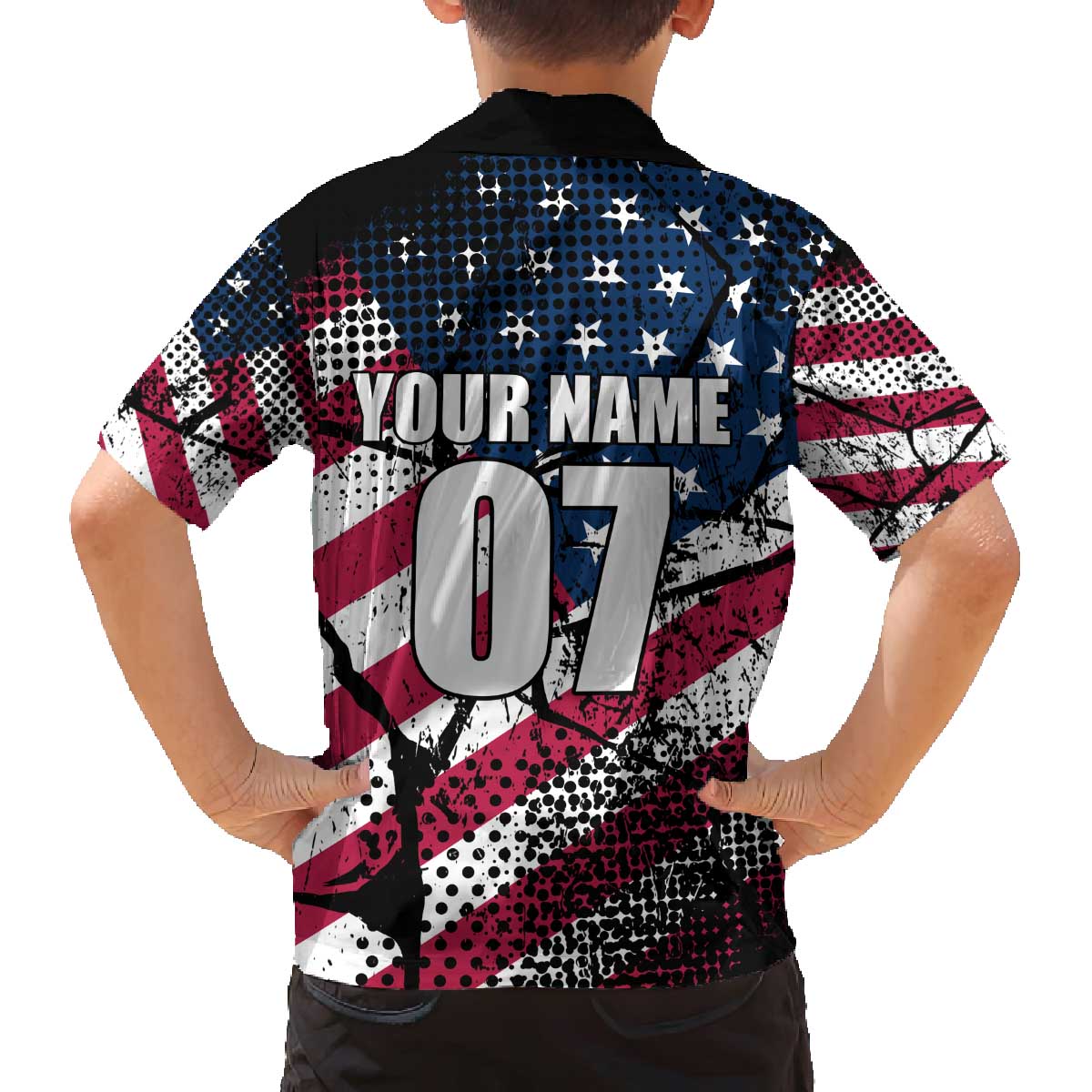Motocross Rider Family Matching Off The Shoulder Long Sleeve Dress and Hawaiian Shirt with American Flag Grunge Pattern and Custom Name Number - Wonder Print Shop